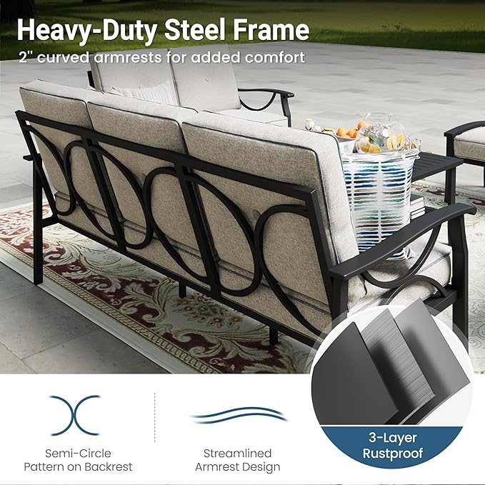 RoyalCraft Outdoor Patio Furniture Set, 7 Seats Outdoor Patio Set with 4" Thick Cushion, All-Weather Metal Patio Sofa with Coffee Table, Outdoor Sectional Furniture for Backyard Porch, Black&Beige