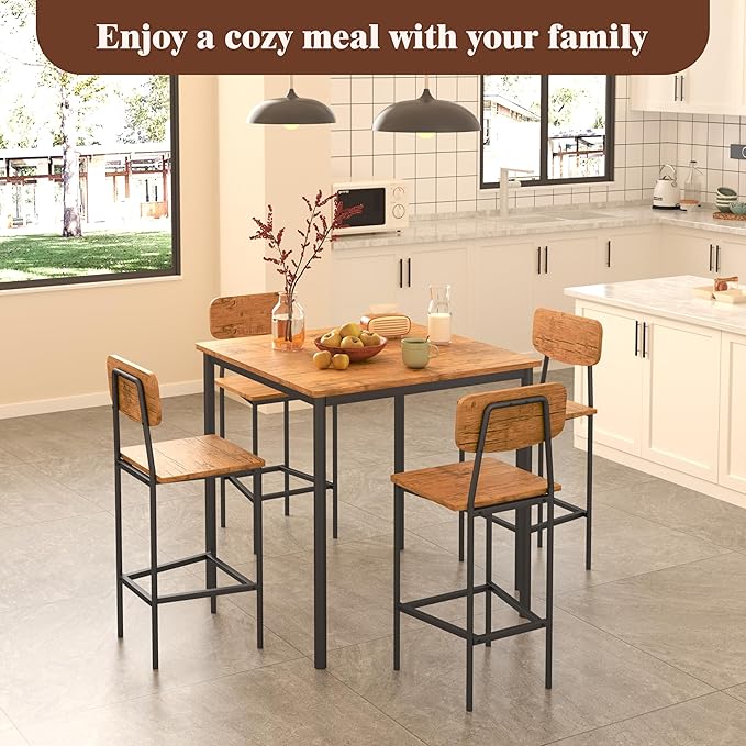 Kitchen Table and Chairs of 4, 5 Piece Dining Table Set, Sturdy Industrial Space Saving Dinette Set for Pub, Family Dinners, Apartment, Brown