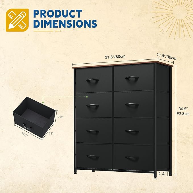 DWVO Dresser for Bedroom, Fabric Dresser with 8 Drawers, Tall Double Drawer Chest of Drawers for Closet, Living Room, Sturdy Steel Frame, Wooden Top, Easy Pull Handle