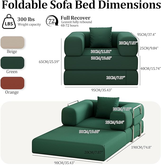 BSHOMGI Folding Sofa Bed, 2 in 1 Convertible Sofas to Lounger Comfy Single Bean Bag Chair Floor Portable Foldable Sleeper Lazy Futon Couch Chair for Bedroom, Living Room (Green, 35.43" Single Sofa)