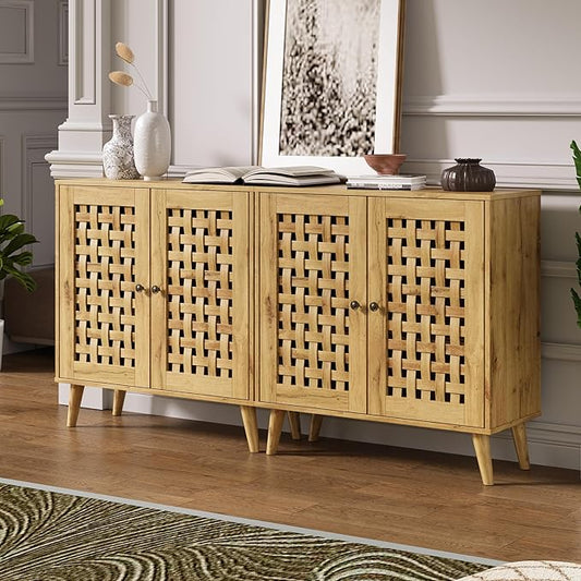 Vintage 2-Door Storage Cabinet Set of 2, Basket Weave Wooden Doors, Kitchen Sideboard with Adjustable Shelves, Coffee Bar Cabinet for Living Room, Hallway, Entryway, Natural Wood Color