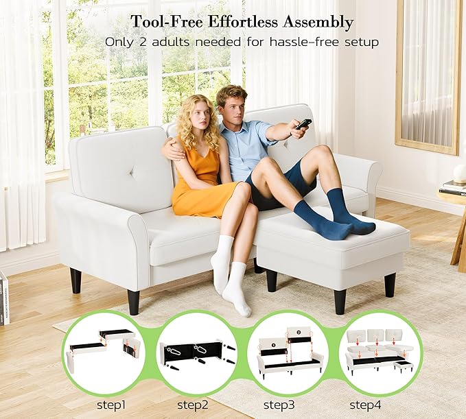 Kidirect 83" Sectional Couch, Velvet L-Shaped Couch 3 Seater Sectional Couches for Living Room, Comfy Fluffy Deep Seat Loveseat, Modular Sectional Sofa with Ottoman for Apartment Office, White Couch