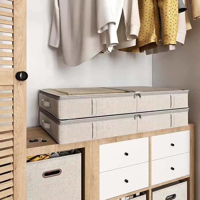 Gray Low Profile Under Bed Storage Containers 5 inches high, 33.8"x 17.7"x 5.1", Sturdy Underbed Shoe Storage Organizer, White Foldable Fabric Under the Bed Storage Bins - Pack of 2