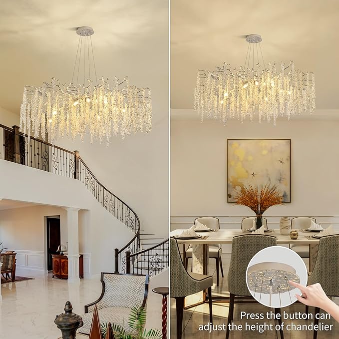 Modern Tree Branch Chandeliers Chrome D39.4'', Crystal Raindrop Chandelier for Living Room, Round Art Deco Lighting Fixture for for Dining Room Foyer Bedroom 15 Lights