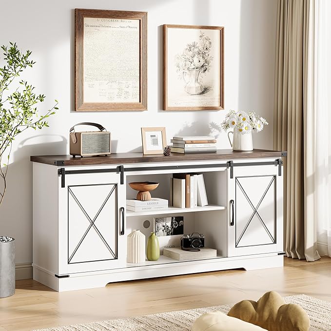GarveeHome Farmhouse TV Stand for TV up to 65 in and Entertainment Center with Sliding Barn Doors, Tv Media Console Table with Storage Cabinet for Living Room, Bedroom, White & Brown