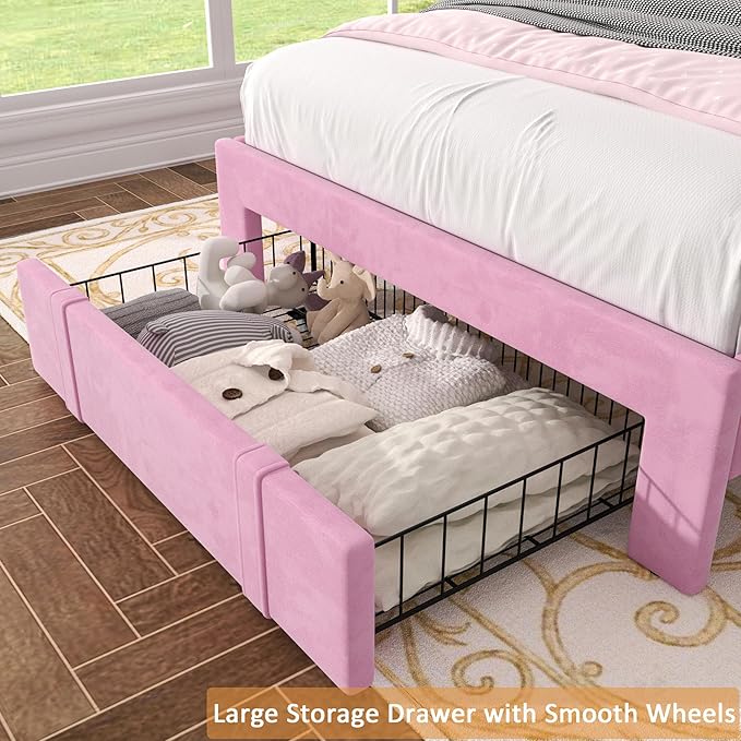VECELO Twin Size Bed Frame with Storage Drawer, Adjustable Velvet Rivet Decor Headboard, Wooden Slats Support Platform, No Box Spring Needed, Easy Assembly