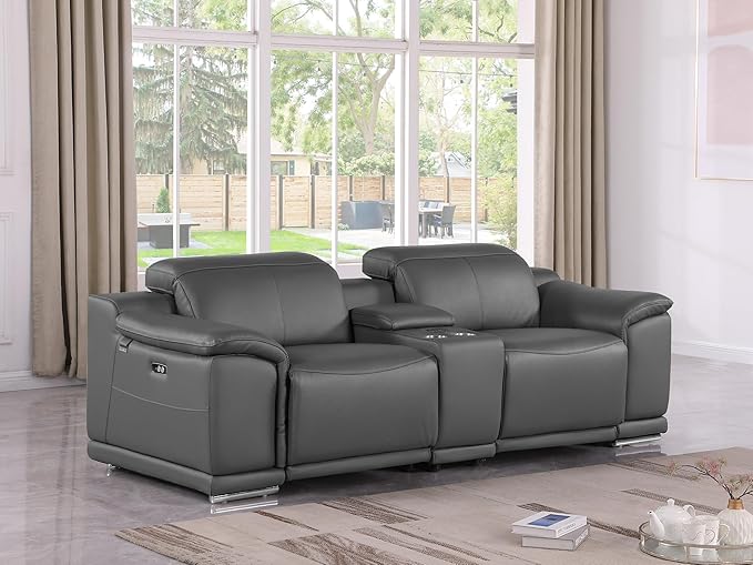 BlackJack Furniture Venice Top Grain Italian Leather Power Recline Loveseat Sofa - 93" Theater Seating Modern Couch for Living Room Apartment Home with Adjustable Headrests & USB Port, Dark Grey