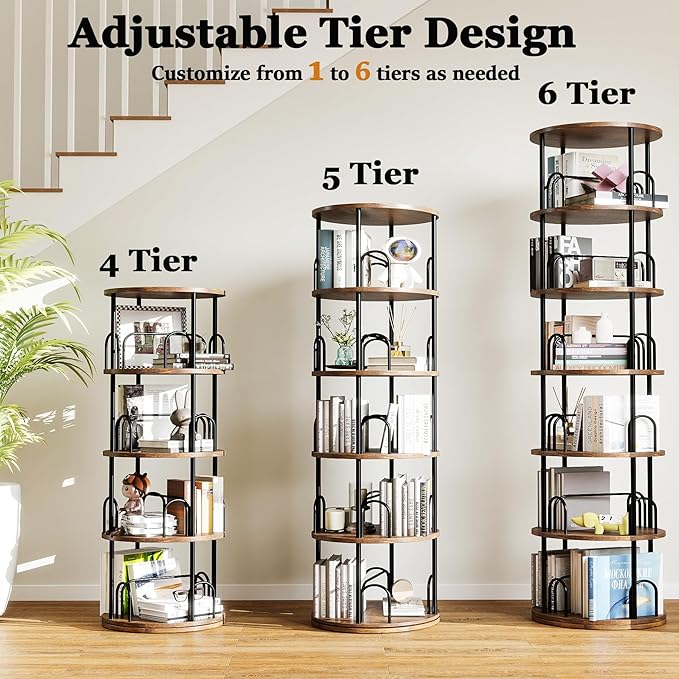 6 Tier Rotating Bookshelf Tower, 360° Display Round Bookcase, Floor Standing Corner Revolving Bookshelf Organizer Storage Rack for Home Study Office, Small Spaces (Black, 6 Tiers)