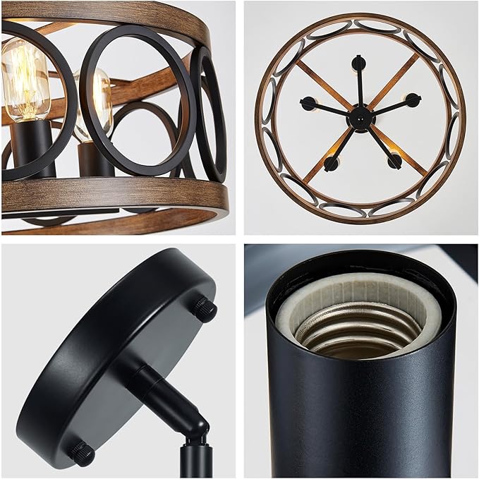 XINGQI Modern Farmhouse Chandelier 5 Lights Black Wood Grain Dining Room Pendant Lighting Fixture 21.7" Drum Chandelier for Living Room Entryway Bedroom