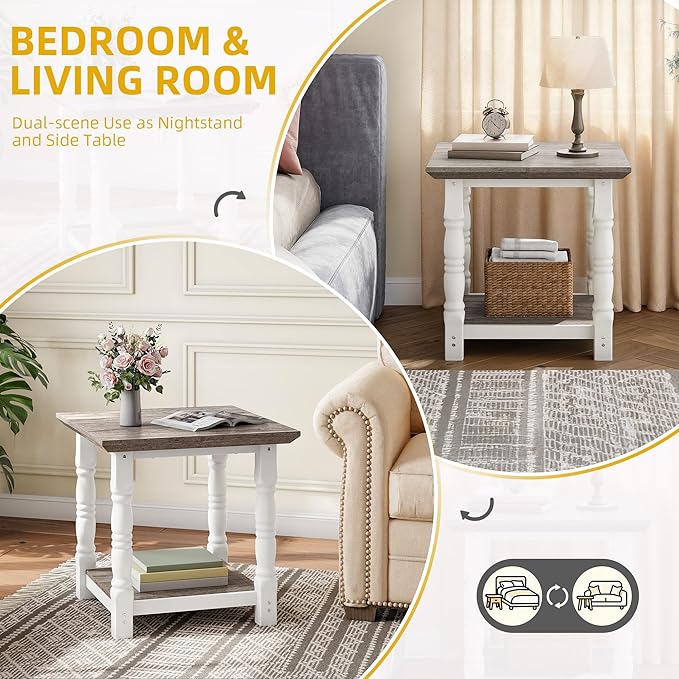 DWVO Farmhouse Square Coffee Table, Antique Accent Side Table with Floor Shelf, 23.6"x 23.6" Living Room Furniture, Vintage Ivory & White