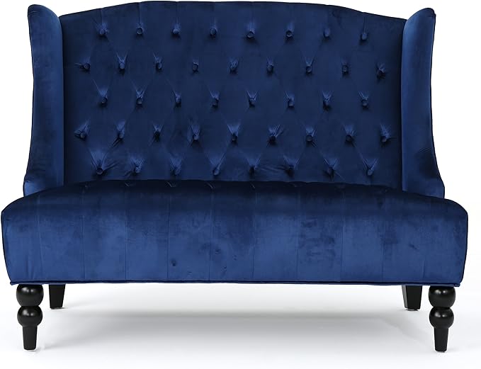 Modern Tufted Velvet Wingback Loveseat, Tufted Velvet 2 Seat Couch Sofas with High Back Thick Padded Cushioned Seats for Living Room, Victorian Style, Navy Blue