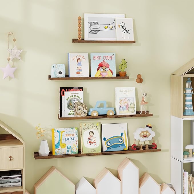 Fun Memories Picture Ledge Shelves Set of 2-55 Inch Shelves with Lip - Large Nursery Bookshelf for Storage - Floating Shelf Wall Mounted for Living Room - Bedroom -Kitchen - Rustic Brown