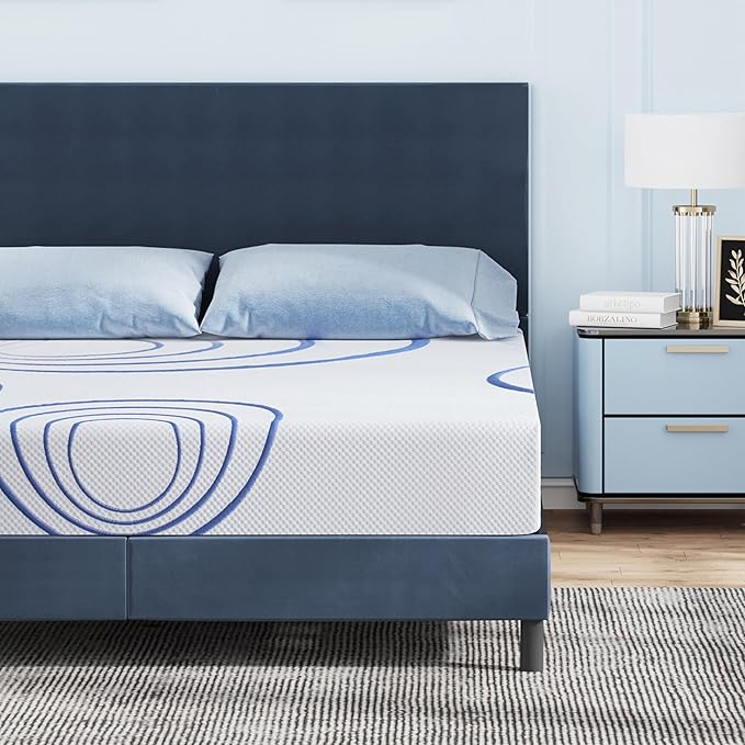 MLILY EGOHOME 8 Inch Queen Mattress, Charcoal Gel Cooling Memory Foam Mattress in a Box, Medium Fiberglass Free, CertiPUR-US Certified, Blue
