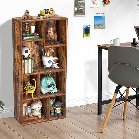 VECELO 4-Tier Modern Bookcase, 42 Inch High Storage Cabinet with Height Difference Shelves for Standard Textbooks, Floor Standing Display, 7 Cubes, Horizontal Avaiable, Easy Assembly, Rustic Brown