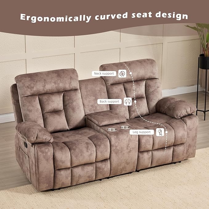 CANMOV Loveseat Recliner, Manual Recliner Sofa Chair for Living Room, Reclining Sofa with Storage Console,Hidden Cup Holders, 2 Seat, Camel-Brown