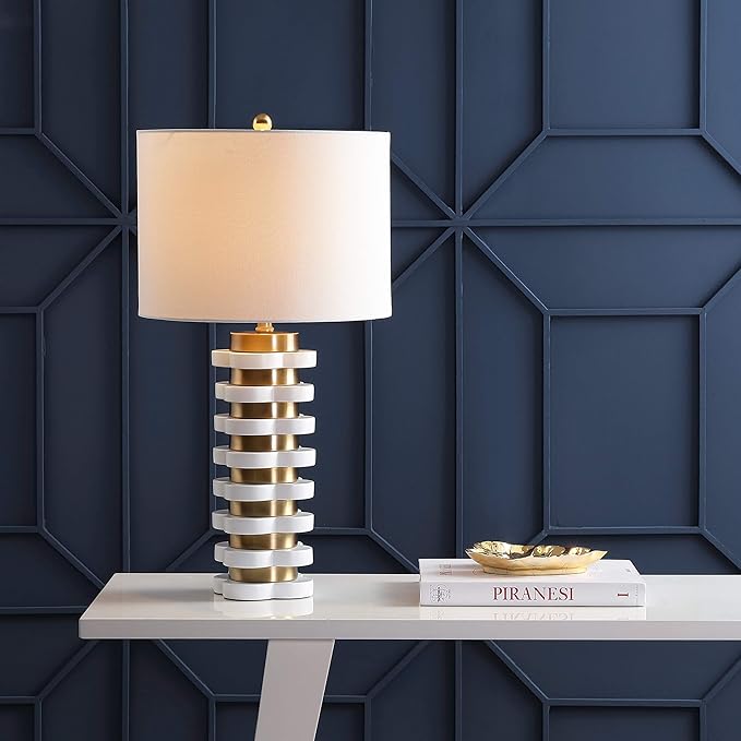 JONATHAN Y 26.5" Brass Gold Quatrefoil Striped Resin LED Table Lamp, Contemporary Glam Bedside Lamp for Living Room Bedroom, White Linen Drum Shade, LED Bulb Included JYL1010A