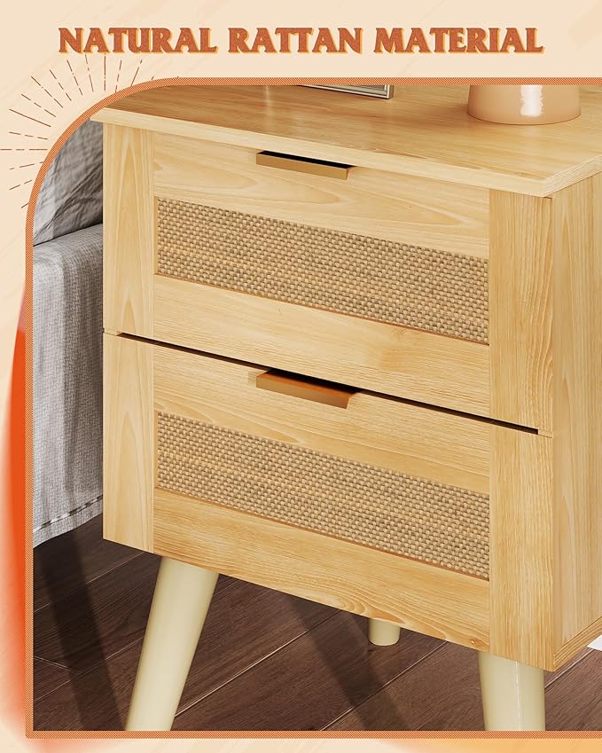WLIVE Wooden Nightstands Set of 2, Rattan Night Stand with 2 Drawers, Boho Nightstand with Solid Legs, Bed Side Table for Bedroom, Living Room, Natural Oak