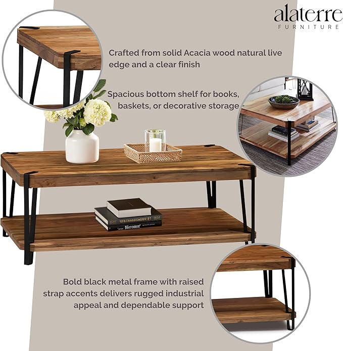 Ryegate Large Coffee Table, 48 Inch Natural Solid Acacia Wood with Unique Live Edge and Metal Frame, Industrial Modern Style, Durable Construction with Clear Natural Finish, Ideal for Living Room