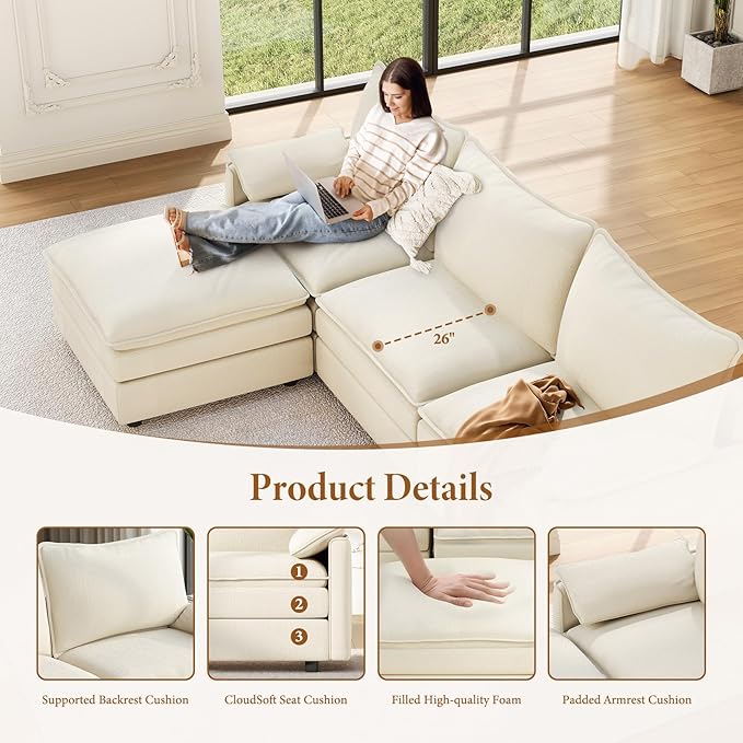 Vesgantti 142" U Shaped Sectional Couch, Comfy Cloud Modular Sectional Sofa with 2 Ottoman Deep Seat Chenille Modern Cloud Sofa, Modular Sofas for Living Room, Bedroom and Apartment, Beige | Sink-in Comfort, Height Adjustable, Easy Rearrangement, Extra...
