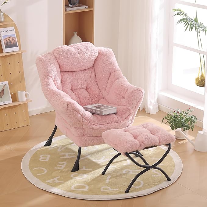 Lazy Chair with Ottoman, Modern Chair with Folding Footrest, Plush Pink Accent Chair, Comfortable Reading Chair, Oversized Armchairs for Bedroom, Study, Living Room, Courtyard