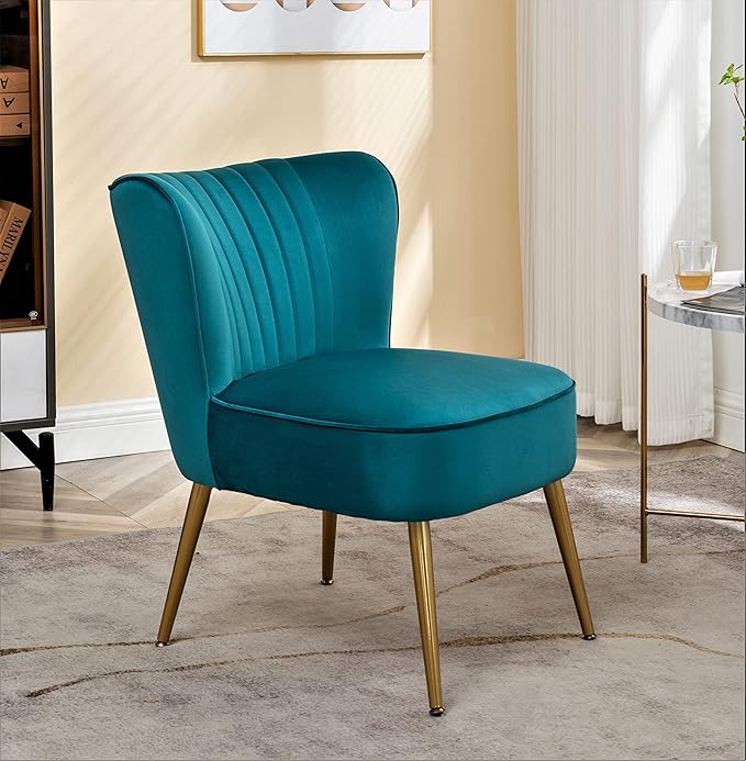 Modern Velvet Accent Chair for Living Room, Bedroom, or Entryway, Stylish and Comfortable Armless Design with Metal Legs, Greynish Blue