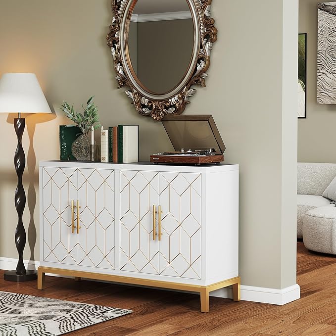47.8" Accent Storage Cabinet with 4 Doors, Modern Sideboard Buffet Cabinet with Gold Lines, Wood Decorative Credenza with Storage for Living Room, Kitchen, Dining Room, Entryway, White