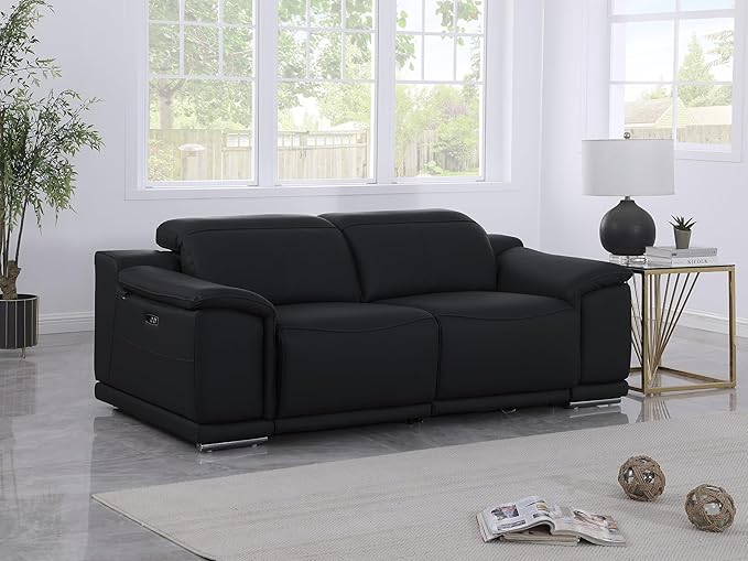 Blackjack Furniture Venice Top Grain Italian Leather Power Recliner Loveseat Sofa - 80" Theater Seating Modern Couch for Living Room Apartment Lounge Home with Adjustable Headrests & USB Port, Black