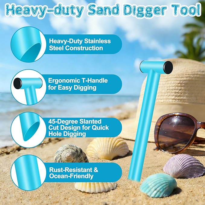 Stainless Steel Sand Digger Tool,T Bar Sand Gopher Tool Beach Umbrella Hole Maker for 15” Holes Heavy Duty Auger Alternative Necessary Beach Accessories