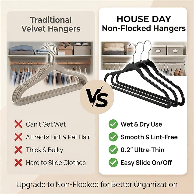 HOUSE DAY Quality Plastic Hangers 100 Pack - Heavy Duty Non-Velvet Hangers with Non Slip Notches & 360° Swivel Hook - Slim Space Saving Clothes Hangers Ideal for Coats Shirts Jackets Dresses (Black)