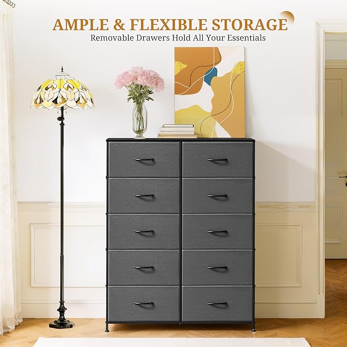 10-Drawer Fabric Dresser, Chest of Drawers Clothes Cabinet for Closet & Bedroom, Storage Organizer with Steel Frame for Entryway, Dorm, Living Room, Grey