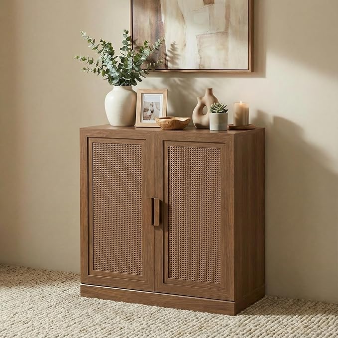 Casaphoria Adam Sideboard Buffet Cabinet with Storage, Sideboard Cabinet with Rattan Doors & Adjustable Shelves, 31" W x 36" H Coffee Bar for Entryway Kitchen Living Room, Walnut