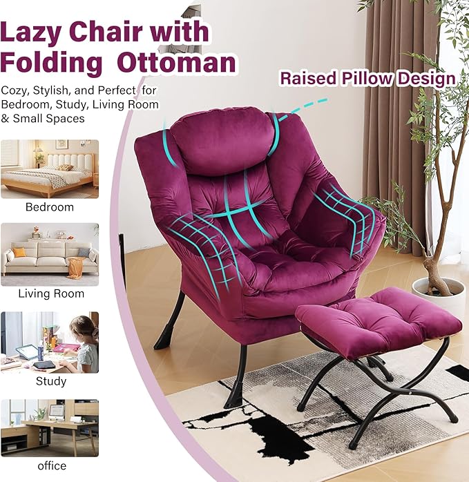 Lazy Chair with Ottoman, Modern Chair with Folding Footrest, Velvet Dark Purple Accent Chair, Comfortable Reading Chair, Oversized Armchairs for Bedroom, Study, Living Room, Courtyard