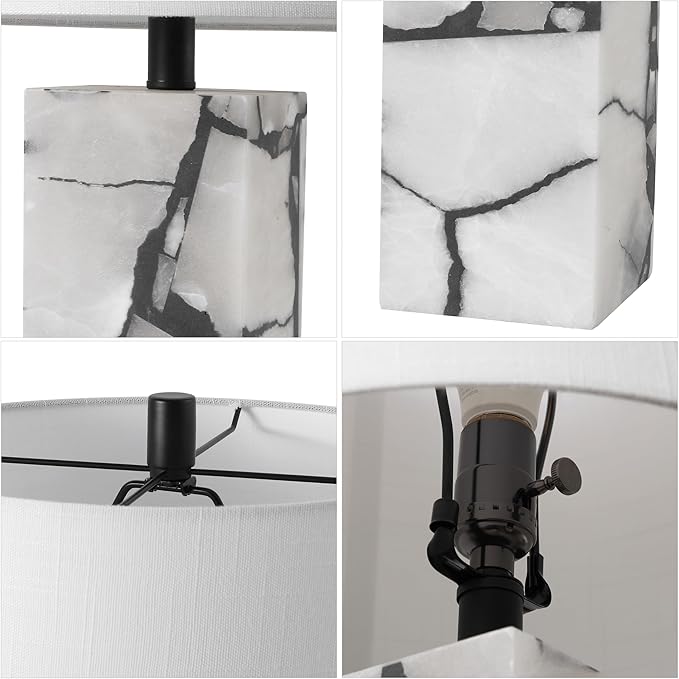 JONATHAN Y 24.25" Black/White Modern Alabaster LED Table Lamp for Home Decor, White Linen Shade, Coastal Nightstand Lamp with Built-in Base Accent Light (JYL8507A)