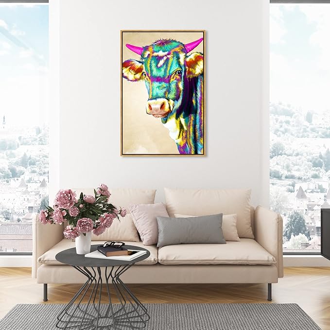 Country Farmhouse Canvas Print Painting Animal Wall Art 'Fun Colorful Glam Farm Cow' Gold Framed Canvas Rustic Home Décor 30x45 in Green, Pink by Oliver Gal