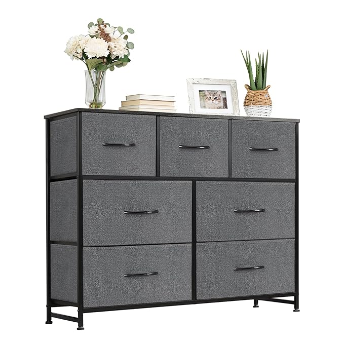 Dresser with 7 Drawers for Bedroom, Fabric Clothes Cabinet for Closet, Anti-Tip Storage Dresser with Metal Frame for Living Room, Entryway, Dorm, Grey