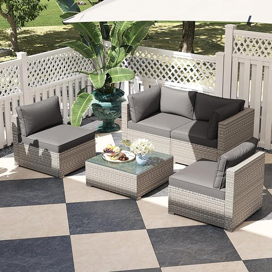 Tangkula 5-Piece Outdoor Patio Sectional Sofa Couch, PE Rattan Conversation Set w/Glass Coffee Table & Cushions, Outdoor Furniture Set w/Sturdy Metal Frame for Garden Poolside Backyard