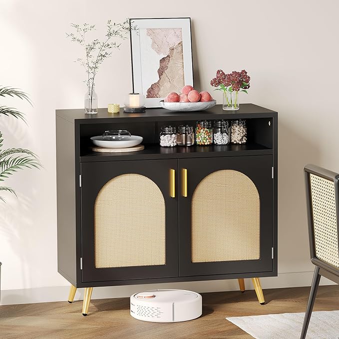 YITAHOME Buffet Cabinet with Storage, Storage Cabinet with Rattan Decor Doors and Adjustable Shelves for Hallway, Living Room, Black