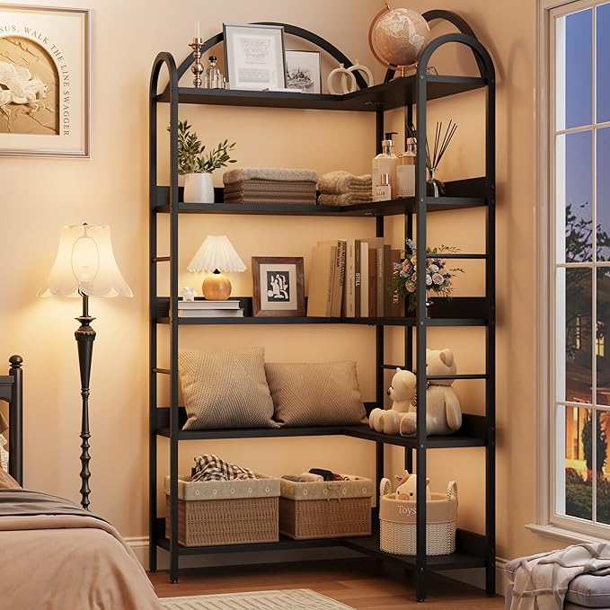 GarveeHome Arched Bookshelf Corner Bookcase, L Shaped Bookshelf Industrial Corner Bookshelves, Large Bookcase with Metal Frame, Corner Shelf Arch Display Rack for Living Room Bedroom