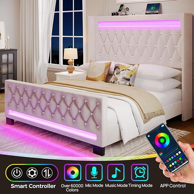 Rolanstar Full Bed Frame with LED Light and Charging Station, Upholstered High Headboard and Footboard, Wood Slats, Noise Free, Easy Assembly, Beige