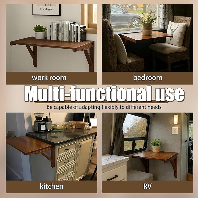 MM MELISEN Wall Mounted Desk - 32x24 Inch, Walnut Finish Solid Wood Desk for Bedroom Office or Laundry Room. Folds Down for laptops, up for Space. Ideal for Apartments, dorms, and Small Homes