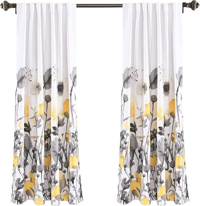 Lush Decor Zuri Flora Light Filtering Window Curtain Panel Pair, 63" Long x 52" Wide, Yellow & Gray