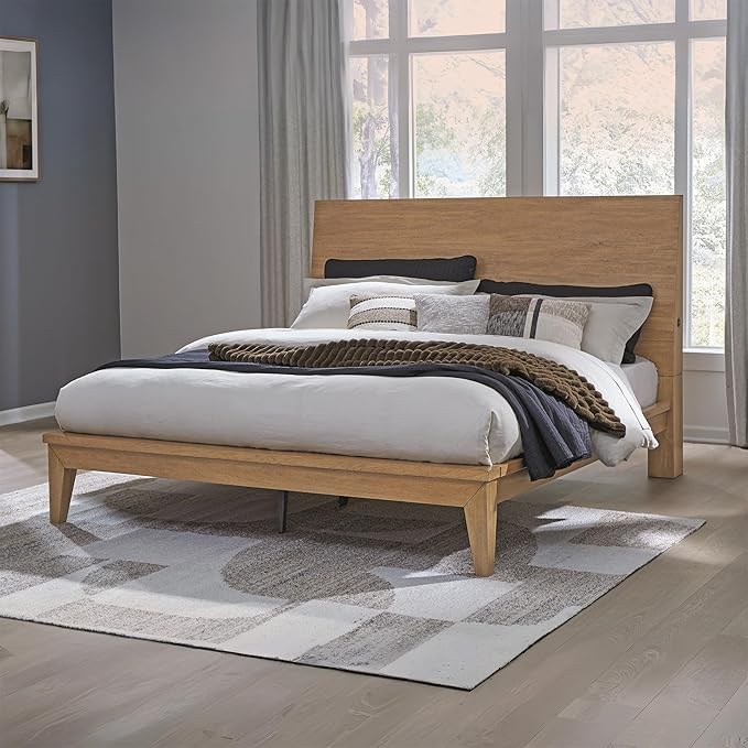 Signature Design by Ashley Sherbana Scandinavian Queen Panel Platform Bed with Bunkie Board and USB Charging Ports, Foundation or Box Spring Not Needed, Light Brown