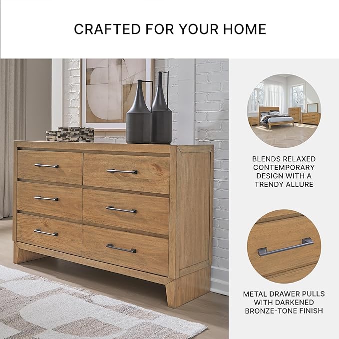Signature Design by Ashley Sherbana Casual 6-Drawer Dresser with Safety Stop and Felt-Lined Top Drawers, Light Brown
