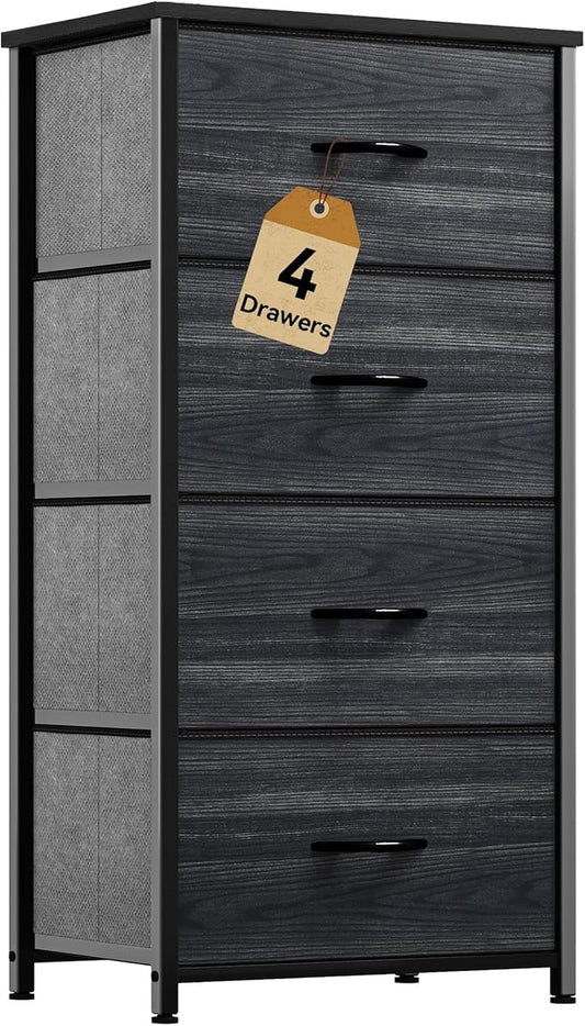 DWVO 4 Drawers Dresser, Dresser for Room, Fabric Storage Tower, Chest of Drawers, Organizer Unit for Closets, Living Room, Sturdy Steel Frame, Wooden Top, Easy Pull Fabric Bins