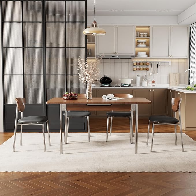 Walnut Extendable Dining Room Table for 4-8 People,Expandable Dining Table from 47.2 to 59 Inches,Wood Dining Table with Heavy-Duty Stainless Legs,Modern Kitchen Table for Small Spaces,Easy Assembly