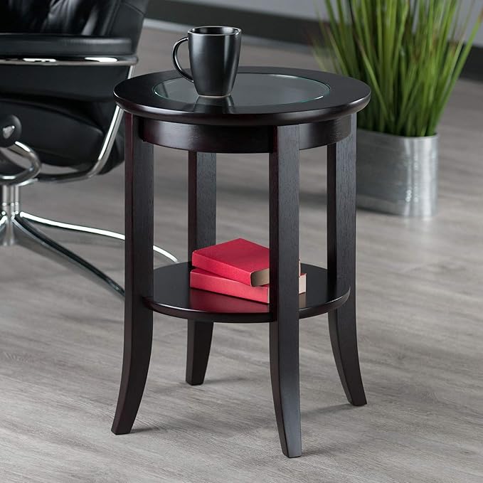 Winsome Genoa End Table with Glass Top and Shelf in Espresso, Round Bedside Nightstand for Bedroom, Side or End Table for Couches in Living Room, Elegant Furniture for Any Home Decor