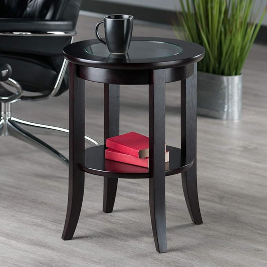 Winsome Genoa End Table with Glass Top and Shelf in Espresso, Round Bedside Nightstand for Bedroom, Side or End Table for Couches in Living Room, Elegant Furniture for Any Home Decor