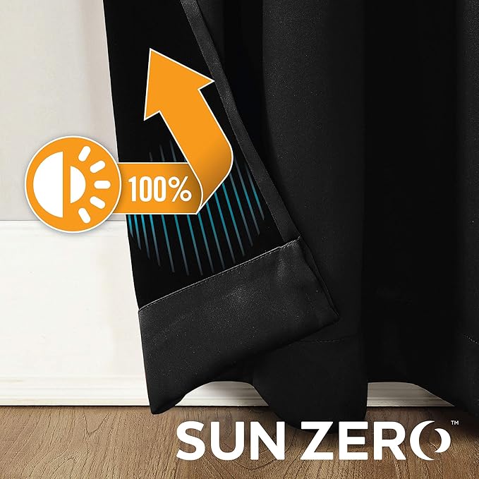 Sun Zero Nordic 2-pack Theater Grade Extreme 100% Blackout Grommet Curtain Panel Pair, 52" x 96", Black