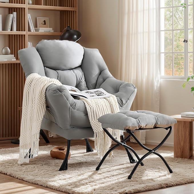 Lazy Chair with Ottoman, Large Light Grey Accent Chair with Ottoman, Comfy Reading Armchair, Leisure Sofa Chair for Living Room, Bedroom, Dorm Room, Office