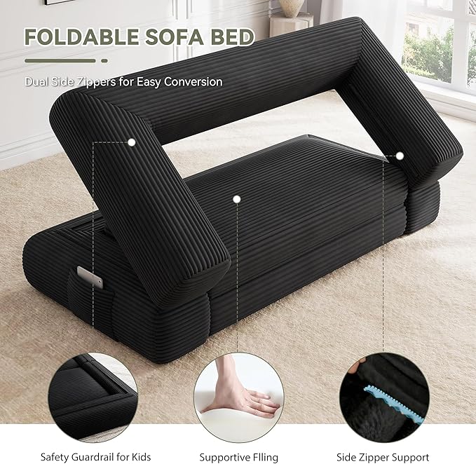 Jocoevol 4-in-1 Convertible Folding Sofa Bed, 68"L x 78"W Queen Size Foldable Sleeper Sofa Bed, Wide Corduroy Upholstery, Boneless Mattress Couch with Armrests & Neck Pillow for Living/Bedroom, Black